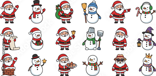 Cute Santa Claus and Snowman icon set bundle. Christmas holiday character mascots in various poses. Flat cartoon vector elements collection for UI and graphic design.