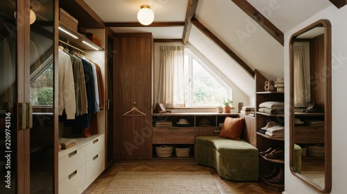 Attic walk in closet with dark wood cabinetry sloped ceiling and green chaise