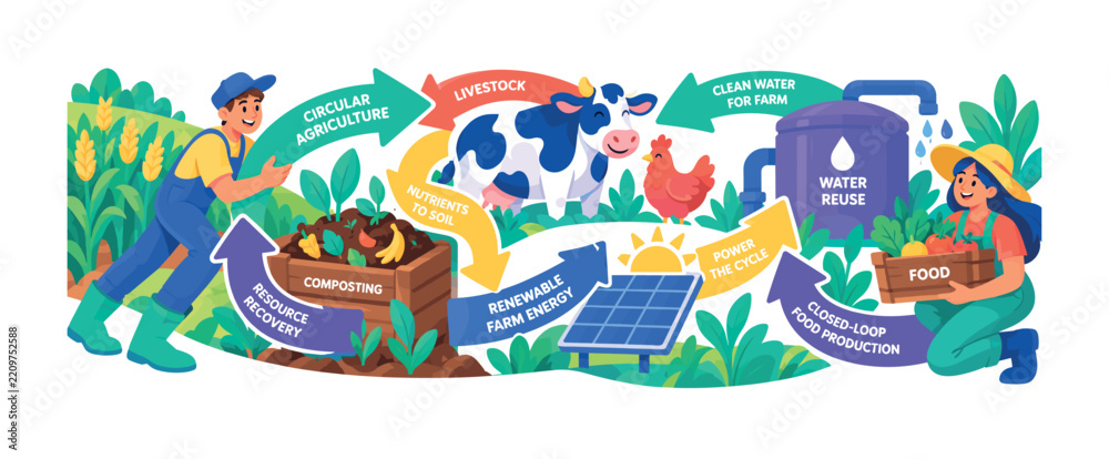 Obraz premium Circular Agriculture Economy — bright colorful flat vector banner, create 1 banner scene with 3 expressive stylized farm characters interacting with oversized circular arrows connecting crop field,
