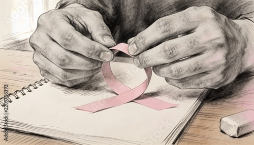 Forming hands in dark long sleeves shaping pink ribbon on sketchbook at wooden desk, with eraser