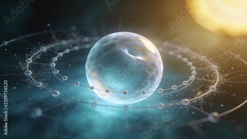 Floating translucent glass sphere showing filaments in CGI above mirror with luminous orbital beads