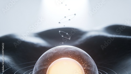 Glowing amber sphere resting inside clear shell on glossy surface, with ripples, suspended droplets