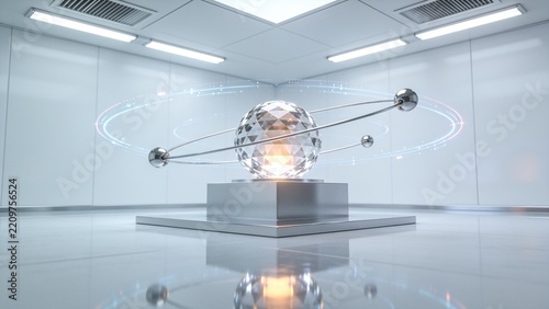 Showing faceted sphere glowing on square metal plinth in lab, with orbital rings carrying spheres