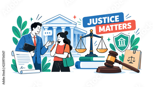 Court Justice System — Clean editorial banner, create exactly 8 main visual elements: 2 geometric human characters, 2 oversized justice objects and 4 supporting details; show a lawyer and citizen