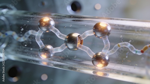 Showing molecular assembly drifting inside clear glass tube, with metal spheres and microdroplets