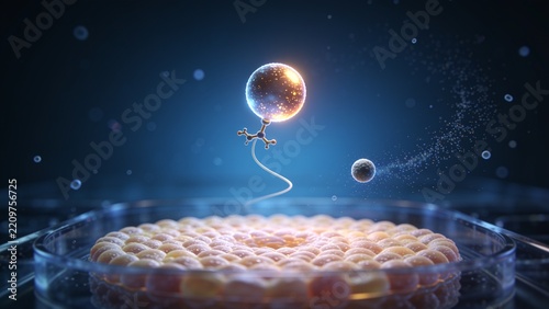 Hovering glowing synthetic capsule emitting golden light above petri dish, tethered by clamp