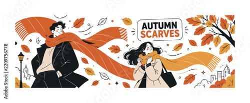 Autumn Scarf Season. Editorial banner scene featuring one oversized flowing scarf sweeping diagonally across the full canvas and a large autumn branch on the opposite side, with two geometric