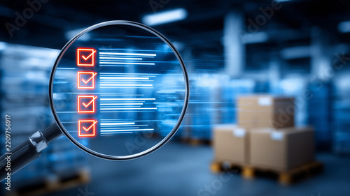 A magnifying glass focused on an inspection checklist beside warehouse boxes represents logistics auditing quality control and inventory verification.
