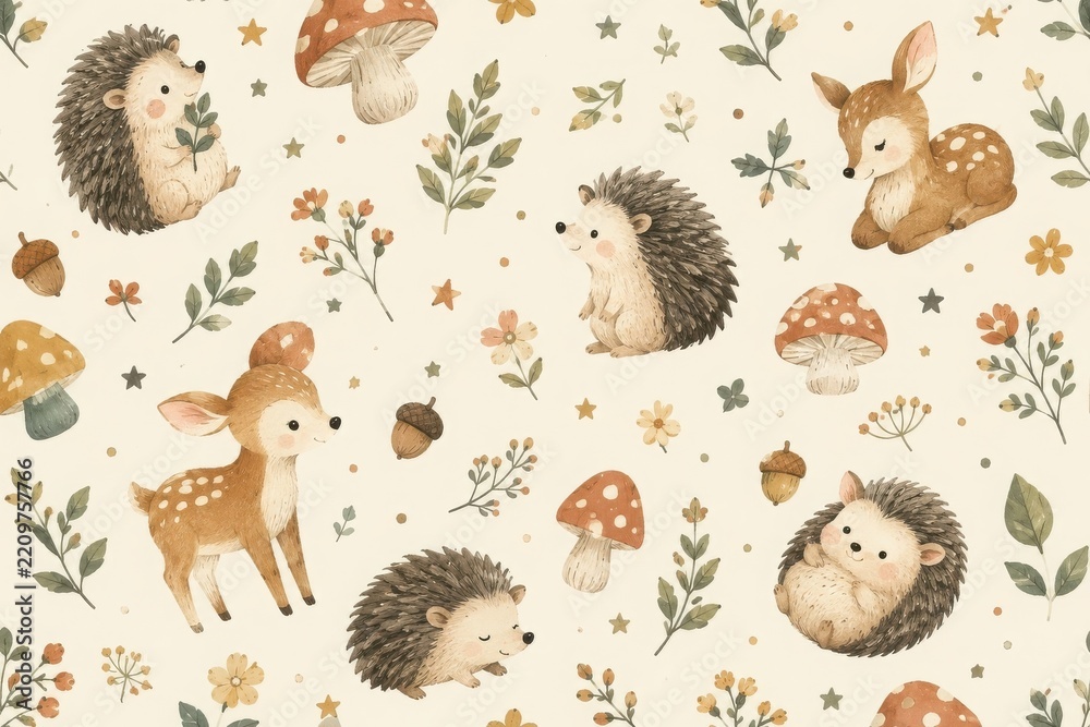 Obraz premium Woodland hedgehogs and fawns amid mushrooms, flowers, and leaves