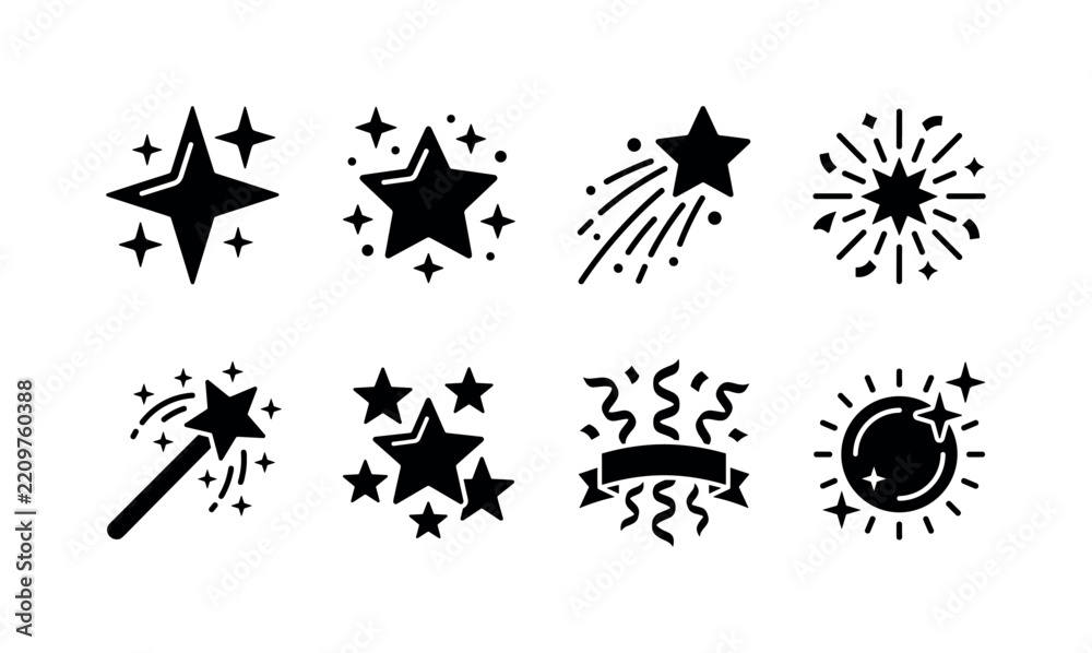 Fototapeta premium Sparkling Star Effects, solid glyph icon set featuring sparkle star, glitter star, shooting star, party burst, magic wand, star cluster, celebration ribbon, light orb, covering glitter stars,