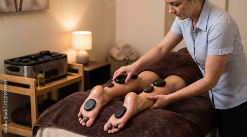 Professional therapist performing relaxing hot stone massage on legs