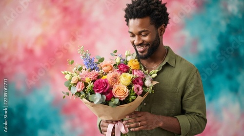 man with bouquet of flowers