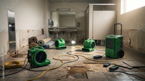 Equipment for drying a flooded bathroom with damaged walls and floors