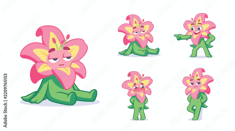 Fototapeta premium Cute Flower Character Illustration with Green Stem and Petals in Pink and Yellow Collection of