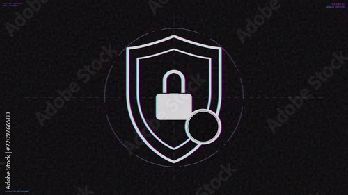 Dystopian Glitch Security Shield with Locked Padlock Icon for Digital Privacy and Cyber Defense
