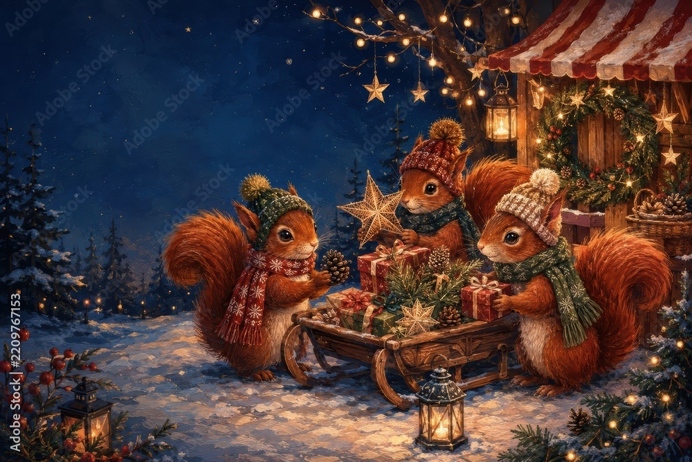 Obraz premium Woodland squirrels gather gifts beside a festive winter market stall