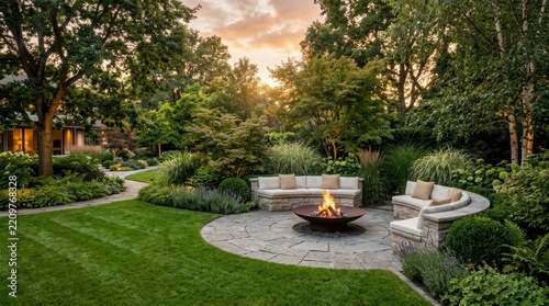 Modern garden patio with fire pit and seating for outdoor relaxation and entertaining guests.