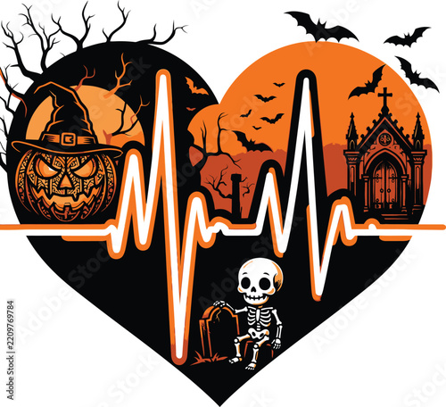 Halloween heartbeat design incorporates an electrocardiogram pulse line intersecting with a smiling jack o lantern witch hat and a tiny skeleton next to a graveyard tombstone.