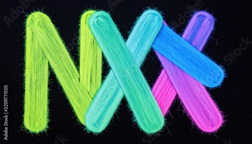 Vivid, glowing glyphs crafted from elongated forms, set against a dark background