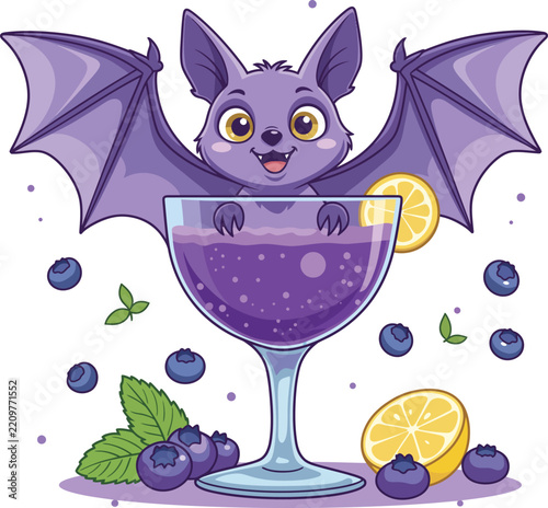 Purple bat character sitting inside a cocktail glass filled with berry juice surrounded by fresh blueberries mint leaves and lemon slices against a clean white background.
