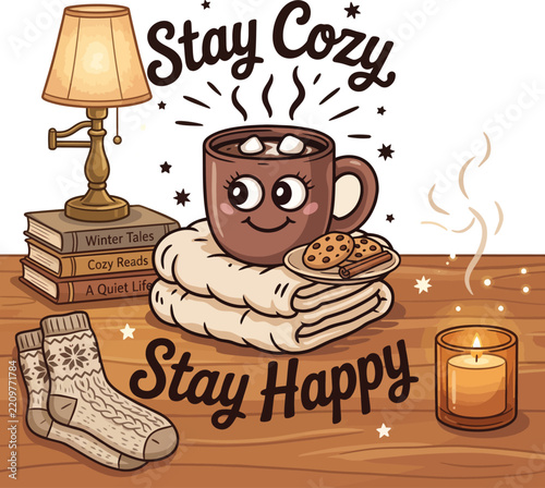 Cute cartoon coffee mug with a happy face sitting on folded blankets next to a burning candle, stack of books, and knitted socks on a wooden table.