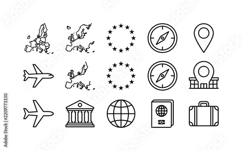 European Union Travel, line icon set featuring EU map silhouette, Europe continent, star circle symbol, compass, map pin, airplane, government building, globe, passport, suitcase, covering European