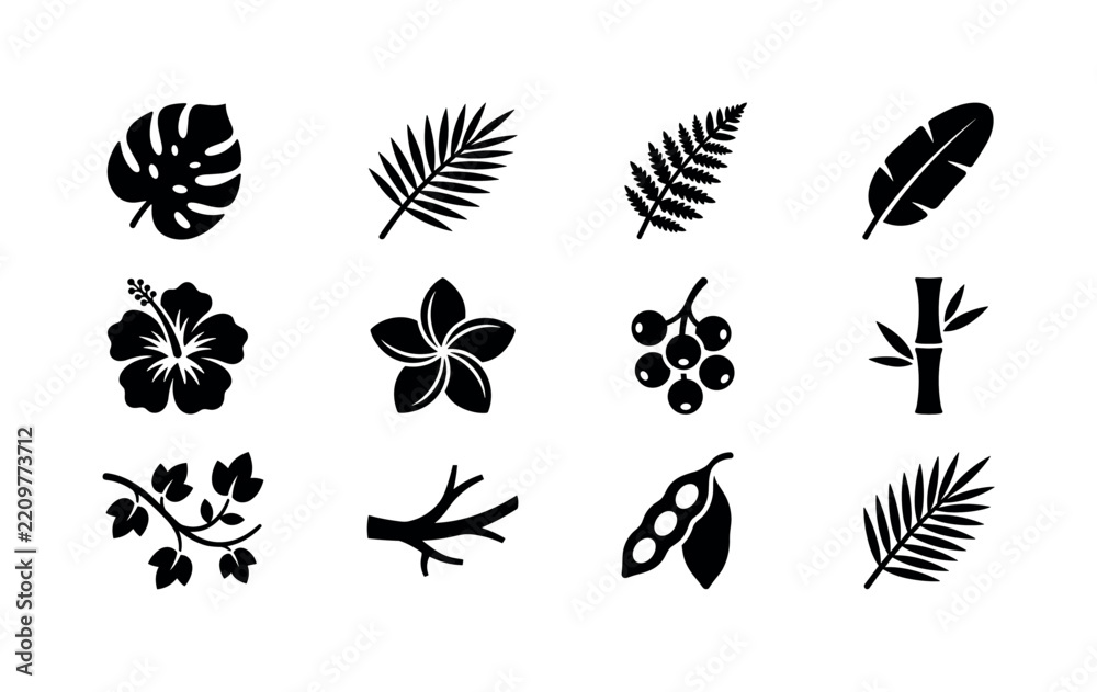 Obraz premium Exotic Plant Pattern, solid glyph icon set featuring monstera, palm frond, fern, banana leaf, hibiscus, plumeria, tropical berry, bamboo, vine, jungle branch, seed pod and coconut leaf, covering