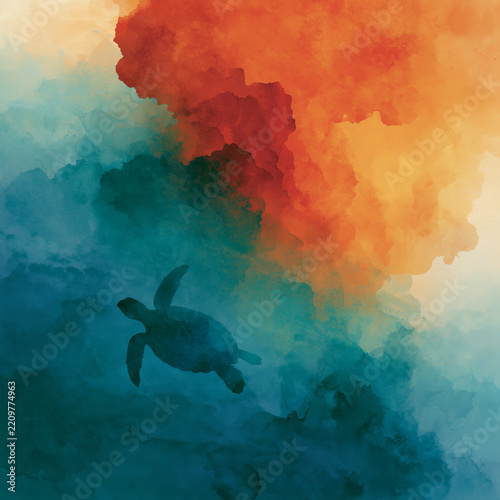 Sea Turtle swimming through watercolor gradient from teal to hot terracotta ocean warming blend to create dreamlike aquatic environment.