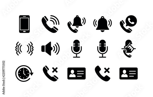 Smartphone Ringing Calls, solid glyph icon set featuring smartphone, handset, vibration waves, ringing bell, speaker, microphone, call history clock, missed call symbol and contact card without face,
