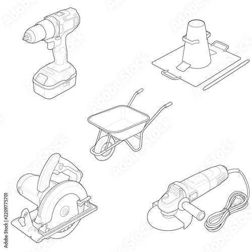 Technical line art illustration of construction equipment featuring a cordless drill, circular saw, angle grinder, wheelbarrow, and concrete slump test kit for industrial building diagrams.