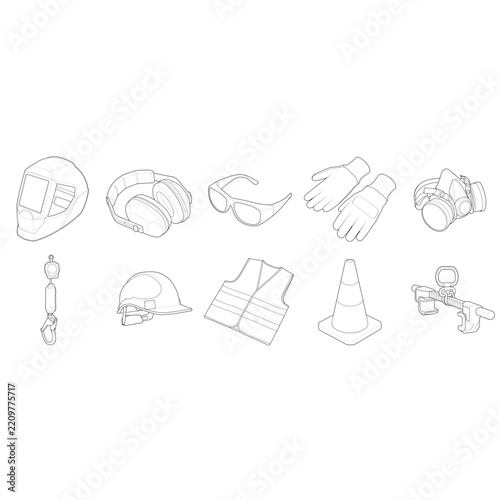 Technical line art illustration of a comprehensive personal protective equipment set. Features a hard hat, vest, respirator, safety glasses, earmuffs, gloves, and fall arrest gear.