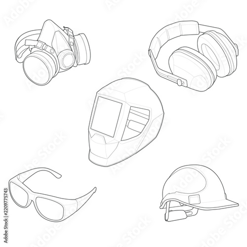 Technical line art of an industrial personal protective equipment set. Features a hard hat, respirator, safety glasses, earmuffs, and a welding helmet for occupational safety equipment diagrams.