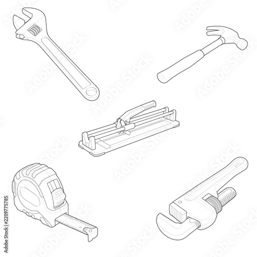 Technical line art illustration of a manual hand tools set. Features an adjustable wrench, claw hammer, tile cutter, tape measure, and pipe wrench for construction and renovation equipment diagrams.