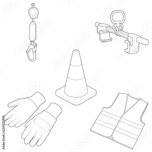 Technical line art illustration of construction site safety equipment. Features a high visibility vest, work gloves, traffic cone, adjustable beam anchor, and self retracting lifeline.