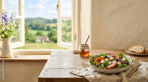 A peach and blueberry salad with honey sits on a windowsill overlooking a rural landscape