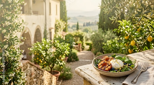 Grilled peach and burrata salad sits on a stone table overlooking a scenic italian garden