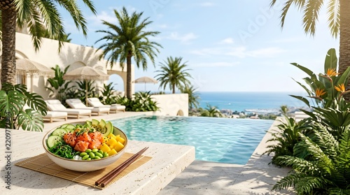 Tropical poolside scene features a vibrant poke bowl with salmon avocado and colorful side dishes