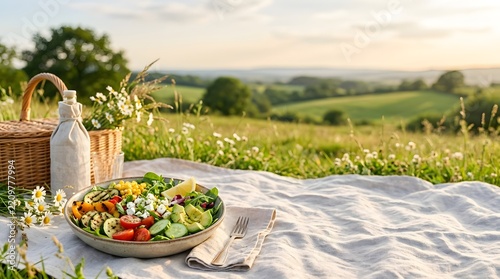 A picnic spread with a colorful salad wine bottle and basket rests on a grassy field