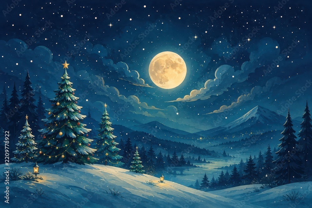Fototapeta premium Magical snowy Christmas forest beneath a glowing full moon