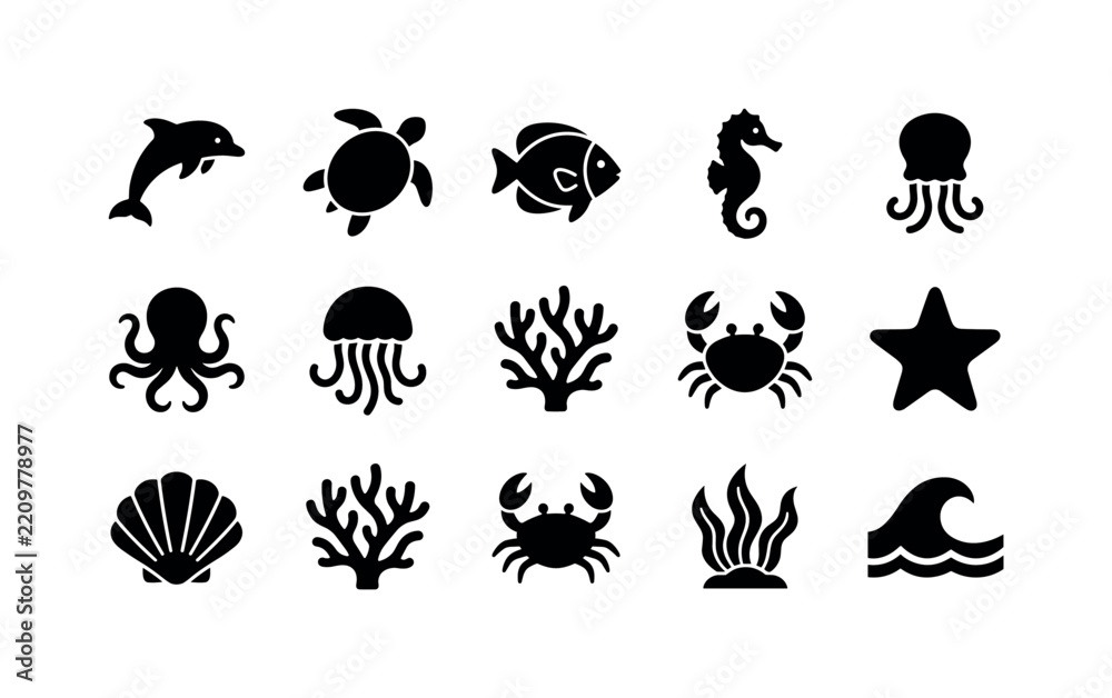 Obraz premium Underwater Sea Life, solid glyph icon set featuring dolphin, sea turtle, tropical fish, octopus, seahorse, starfish, coral, seashell, jellyfish, crab, seaweed and wave, covering underwater life,