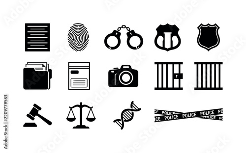 Criminal Justice Records, solid glyph icon set featuring lineup height board without numbers, fingerprint, handcuffs, police badge, case file, evidence bag, camera and prison bars, covering mugshot