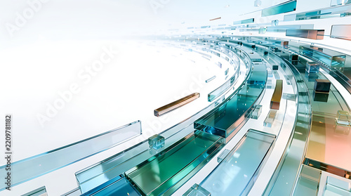 Abstract Floating Translucent Emerald Glass Rectangular Cubes with Copper Light Reflection on White Background
