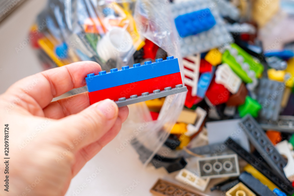 Obraz premium Detailed LEGO bricks plastic blocks toys, Gaming culture and block building hobby, Creative Educational toy game merchandise children play, children's playroom, Childhood play and creativity