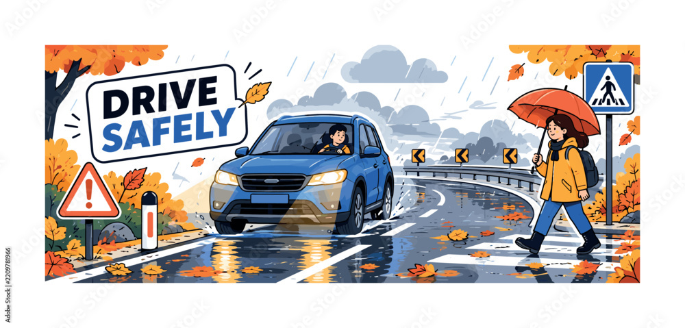 Obraz premium Autumn Road Safety. Autumn road safety banner showing a driver and pedestrian beside one oversized car with headlights and one oversized wet road curve, with rain cloud, fog lines, fallen leaves,