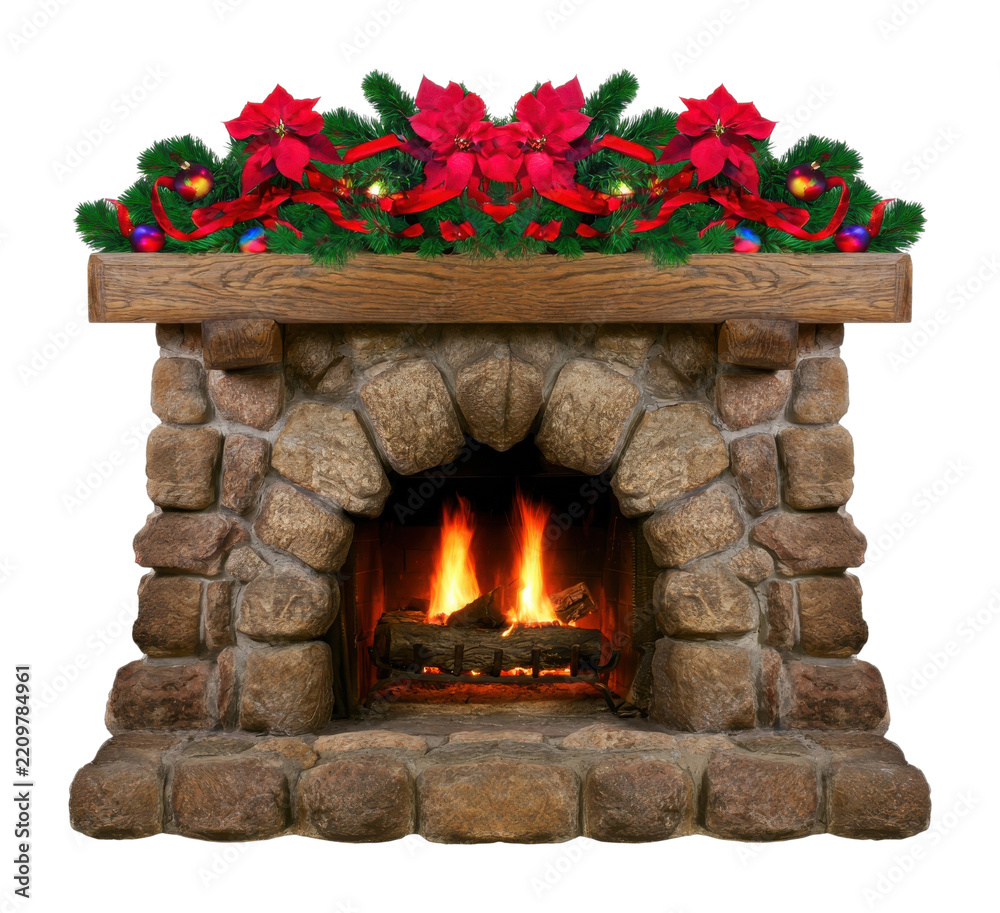 Obraz premium PNG Rustic stone fireplace with festive poinsettia Christmas garland