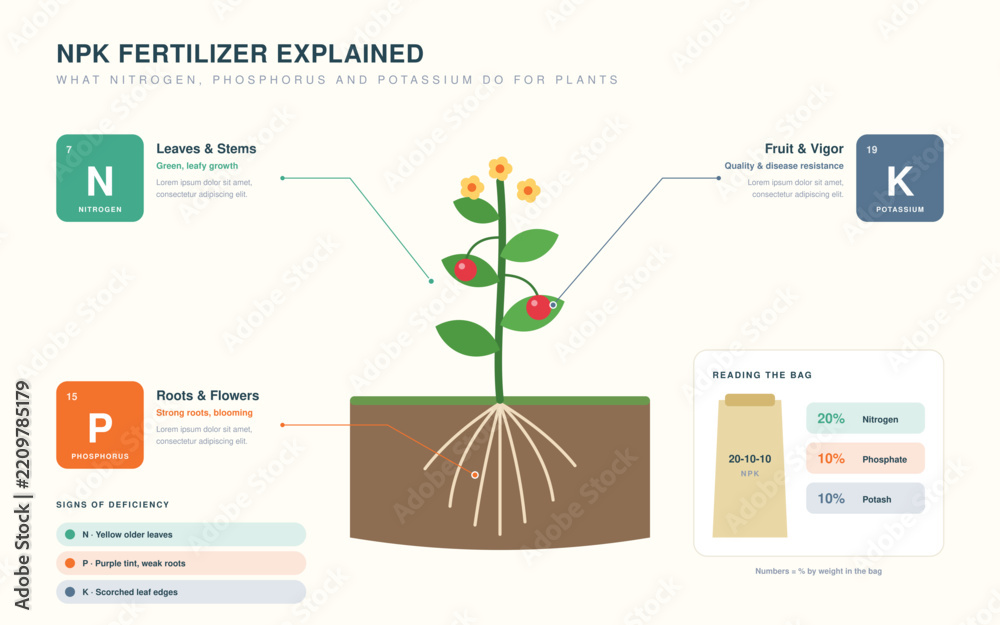 Fototapeta premium NPK fertilizer explained infographic showing what nitrogen, phosphorus and potassium do for leaves, roots and fruit
