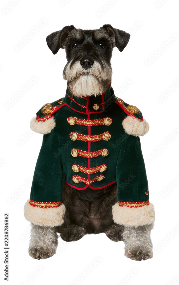Obraz premium PNG Schnauzer dog wearing festive green military-style winter coat