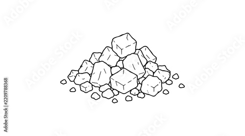 Black outline vector icon of a pile of coarse salt crystals with varied cubic chunks and tiny scattered grains around base drawn with thin lines in centered triangular composition related to seasoning