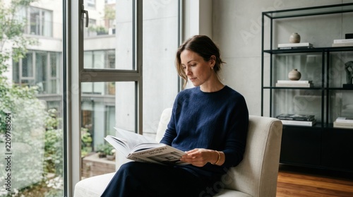 Woman reading book near window