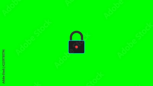 Digital padlock unlocking and locking animation on a bright green background representing computer security and data protection concepts with clean modern graphic vector style design elements